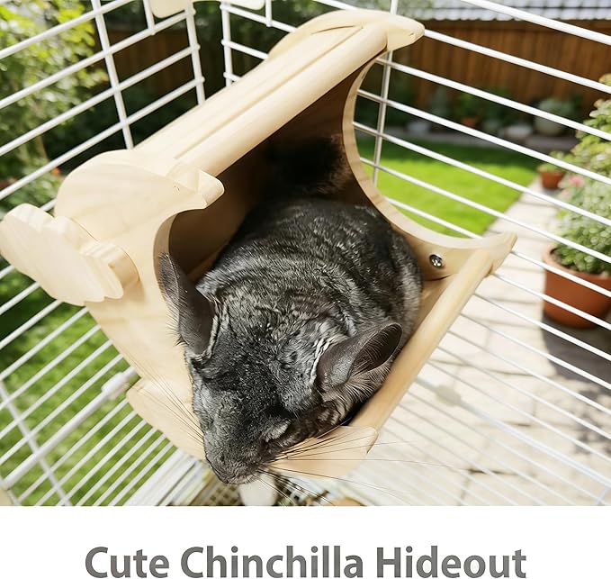 Chinchilla Hideout Wooden Hides for Guinea Pigs, Small Animal Nature Wood House Chinchilla Cage Accessories for Hamster, Squirrel, Sugar Gliders etc (Moon Shape)