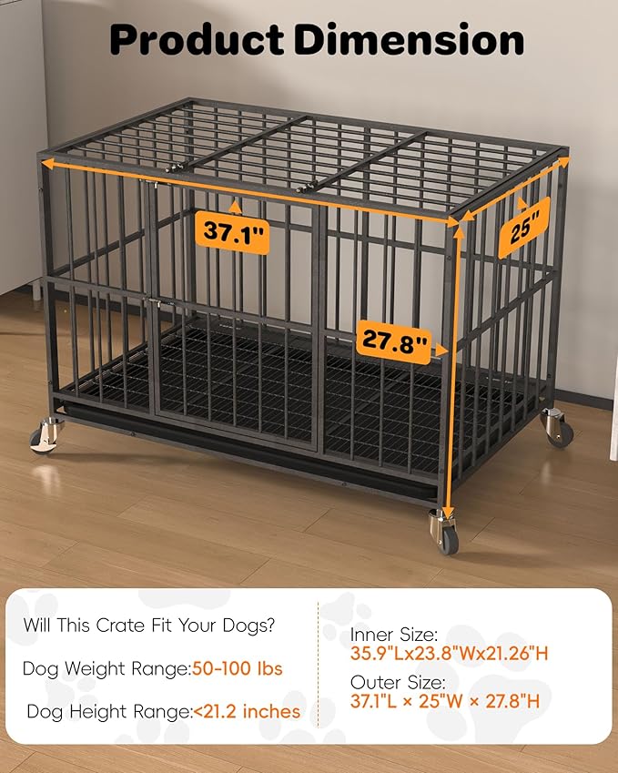 38 in Heavy Duty Dog Crate Steel Escape Proof, Indoor Double Doors and Lockable Wheels,Removable Tray, for Small and Medium Dog Breeds