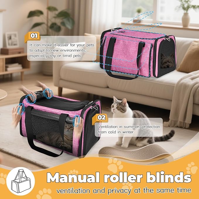 YUDODO 2 Packs 25 lbs Lightproof Soft Sided Cat Carrier for Large Cat & Small Dog Airline Approved Travel Puppy Carriers with Side Pockets & Reflective Mesh, Foldable Portable for Car Grey Green+Pink