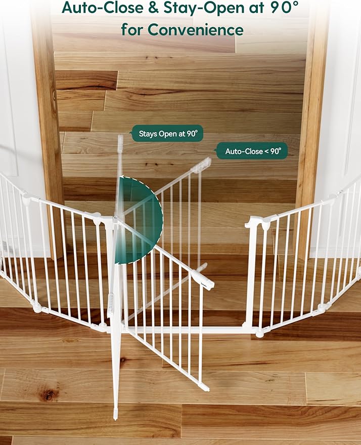 Babelio Baby Gate Extra Wide, Auto Close Dog Gate Pet Gate for House Stairs Doorways Fireplace (White, 104" Wide Gate - 5 Panels)