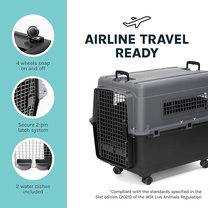 SportPet Airline Compliant LARGE 28.75" Travel Dog Kennel- Durable Plastic Airline Pet Carrier w/ Removable Wheels & Food Bowls, Collapsible Indoor/Outdoor Dog Kennel, Dogs up to 28"L & 20"H-Dark Gray