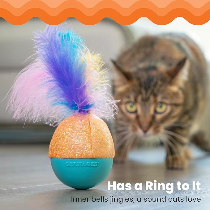 Catstages Whack N' Wobble Ball Intearctive Cat Toy, Weighted Ball with Feathers, Bell, Glitter Fabric & Catnip Oil, Turquoise - Image 5
