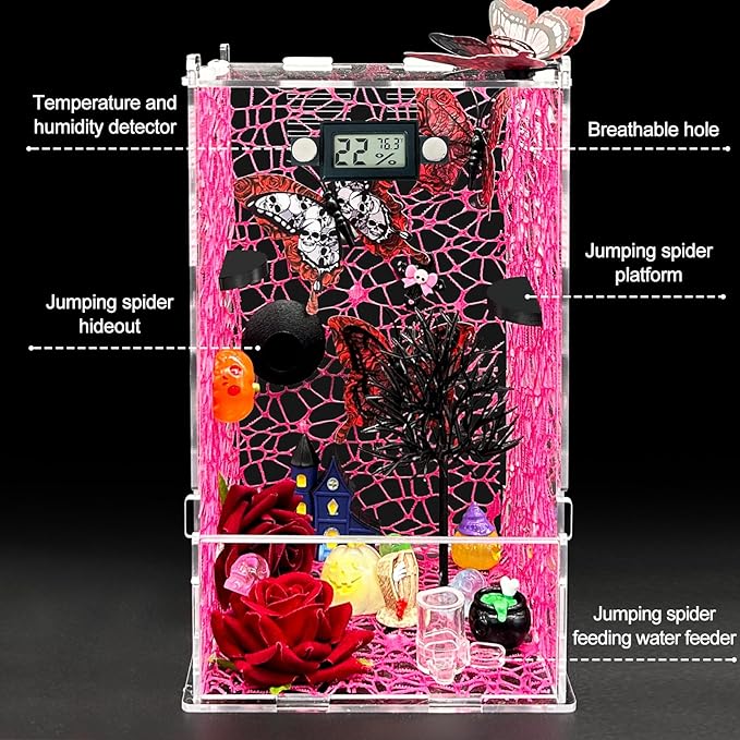 Jumping Spider Enclosure,DIY Insects Habitat,Small Reptile Terrarium Glass House Accessories Set,with Temperature and Humidity Detector Water Feeder Platform Hide,5.5“x5.5”x9.5“ (Pink)