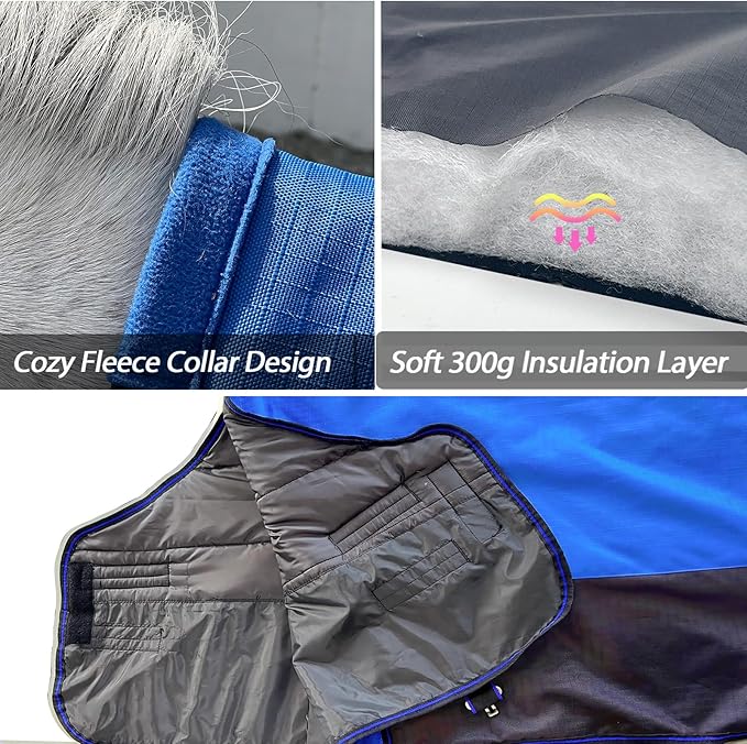 300g Fill 1200D Mid-Heavy Weight Winter Waterproof and Breathable Horse Blanket Belly Straps| Turnout Blankets with Reflective Strips (Dark Blue, 81'')