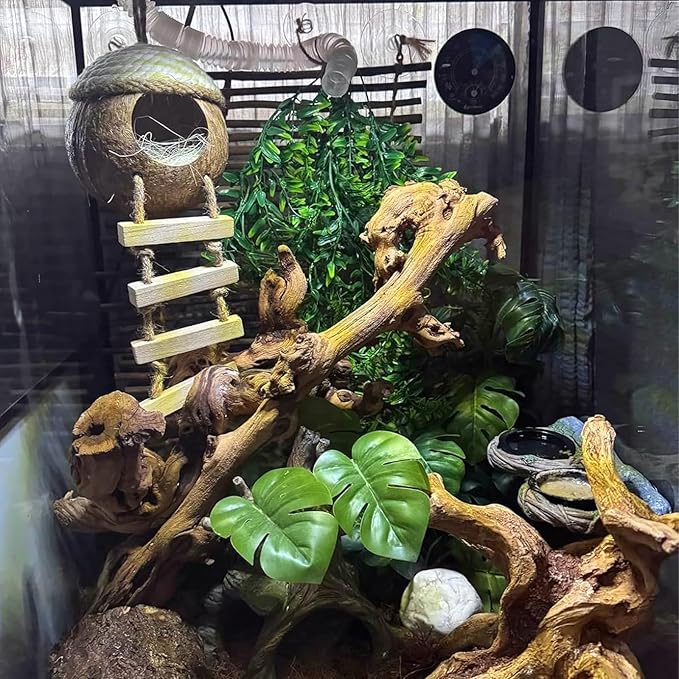Leopard Gecko Coconut Hut with Ladder,Grested Gecko Coco Den Lizards Hanging Coconut Shell Hideout Cave Reptiles Tank Accessories Climbing Hanging Plants Jungle Vine Flexible Leaves Decor