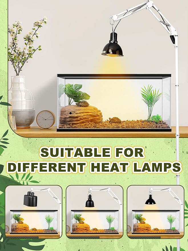 Reptile Light Stand, Heat Bulb Stand (15.7 to 74.3 inch) with Adjustable 360° Swing Arm for Terrarium, Reptile Heat Lamp Stand for Bearded Dragons, Turtles, and Chameleons (White)