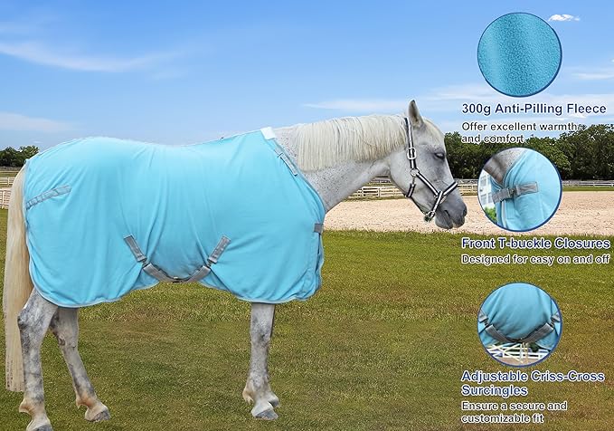 Horse Fleece Cooler, Blanket Liner - 300g Anti-Pilling Fleece, Moisture-Wicking, Cooling & Drying for Post-Workout, Bath & Travel, Prevent Overheating & Chilling Lightblue 72