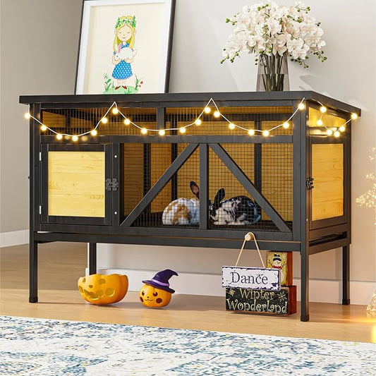TIMHAKA 46.7" Rabbit Cage Elevated Bunny Cage Indoor, Outdoor Rabbit Hutch Hamster Cages for Small Animals, Wooden Guinea Pig Cages with Removable Tray & Waterproof Asphalt Roof & Bottom Wire Mesh