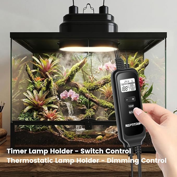 Dual Reptile Light Fixture with Timer & PID Dimming Thermostat, Day-Night Heat & Light Cycle, Heat Lamp for Bearded Dragons Terrariums, Max 160W Per Socket (No Bulbs)
