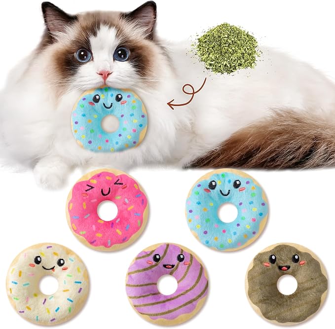 L1rabe Donut Catnip Stuffed Toys for Cats - 5Pcs Black Cat Appreciation Day Funny Dessert Organic Cat Toys Pet Supplies, Indoor Cats Chew Bite Teething Tools Kittens Catmint Interactive Supplies by L1rabe