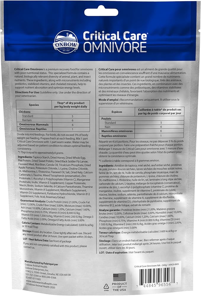 Oxbow Critical Care Omnivore, Recovery Food for Rats, Mice, Hamsters, Gerbils, Vet Formulated, High Calorie Small Animal Diet, Immune and Digestive Support, Omnivore Formula, 340g Bag