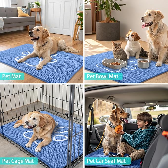 Smiry Dog Door Mat for Muddy Paws, Absorbent Dirt Trapper Non Slip Quick Dry Washable Chenille Mat for Mud Dogs, Entry Rug for Indoor and Outdoor (48x30 Inches, Cornflower Blue and White)