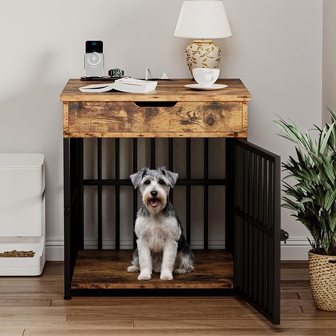 IRONCK Dog Crate Furniture for Small Dogs, Wooden Dog Kennel with Flip Top Drawer, Indoor Pet Crate End Table with Charging Station, Steel-Tube Dog Cage, Rustic Brown