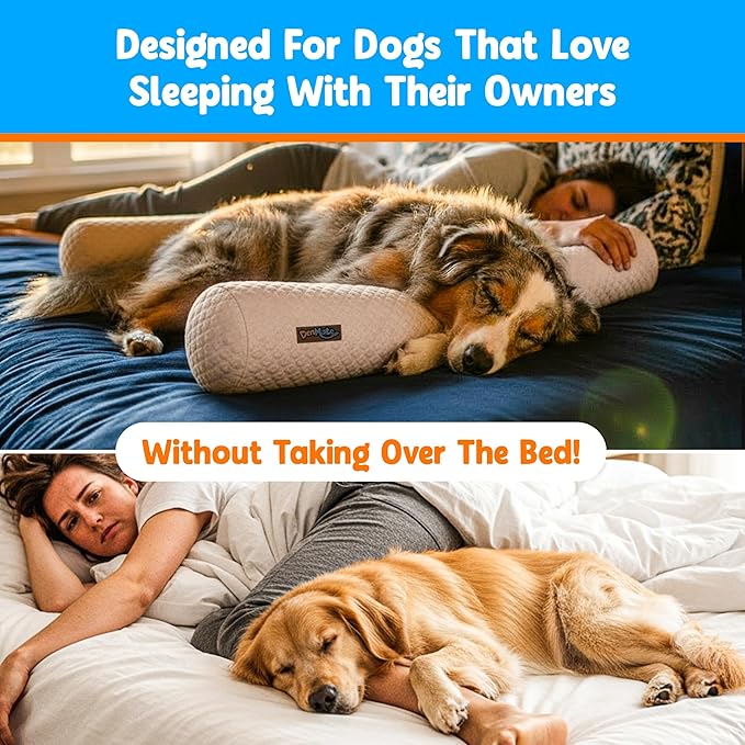 DenMate - On-Bed Dog Bed for Medium/Large Dogs (26x40), Stabilizing 100% Cotton Bolsters for Night Movement, Improves Comfort & Sleep for Dogs & Owners, Machine Washable Pet Mattress (Cream/Brown)