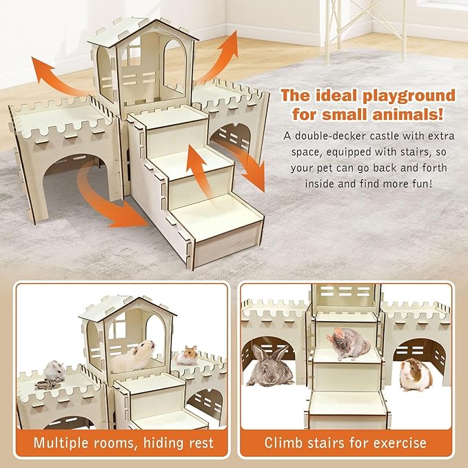 PINVNBY Extra Large Bunny Castles Hideout, Wooden Rabbit House Hide Climbing Detachable Indoor Wooden Hideaway Castle Tower Tunnel for Small Animal Rabbit Bunny Guinea Pig Hamster Chinchilla Ferret