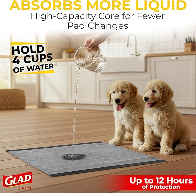 Glad for Pets Black Charcoal Puppy Pads - 6-Layer Leak-Proof Construction, Activated Carbon Odor Control, Pheromone Attractant - Disposable Dog Pee Pads for Potty Training, 23 x 23 in, 100 Count
