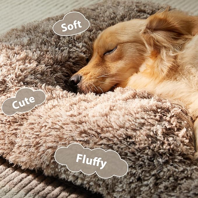 BFPETHOME Dog Beds for Large Dogs, Plush Dog Crate Bed Fluffy Cozy Kennel Pad for Sleeping &Ease Anxiety, Washable Pet Mats with Anti-Slip Bottom for Large Dogs, Khaki