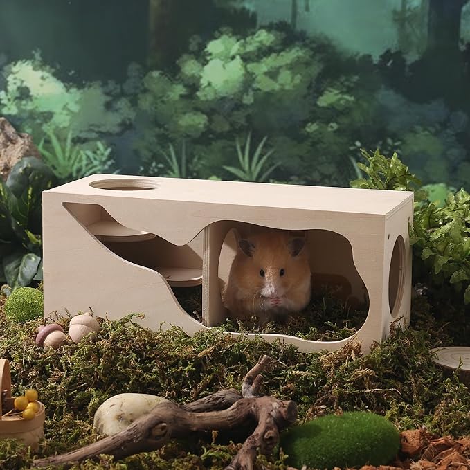 Hamster Hideout Wooden House Chamber Small Animals Pets Tunnel Exploring Toys Secret Peep Shed for Dwarf Hamsters, Syrian Hamsters, Gerbils, Hedgehogs, Rats, Mice (Living Room)