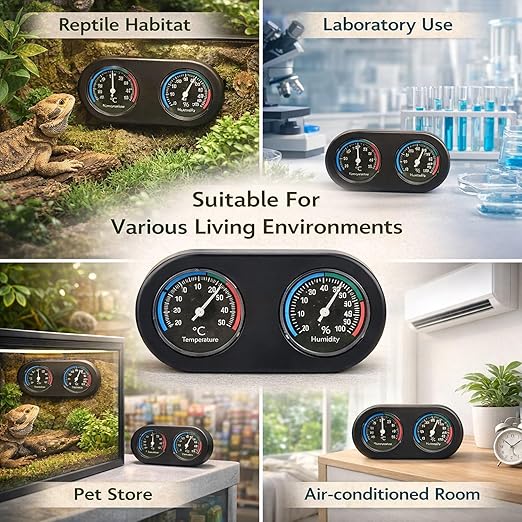 Mini Analog Temperature Humidity Meter, Round Shape Thermometer Hygrometer, Black Compact Design - Accurate Physical Measurement, No Battery Needed, for Reptile Tank and Home Use