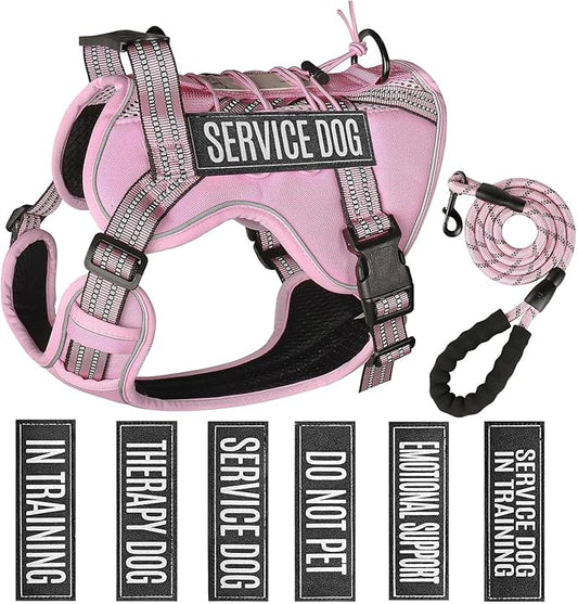 Service Dog Tactical Vest Harness and Leash Set Medium Sized Dog Emotional Support- Tactical Dog Harness Training Collar with Name (Pink, L)