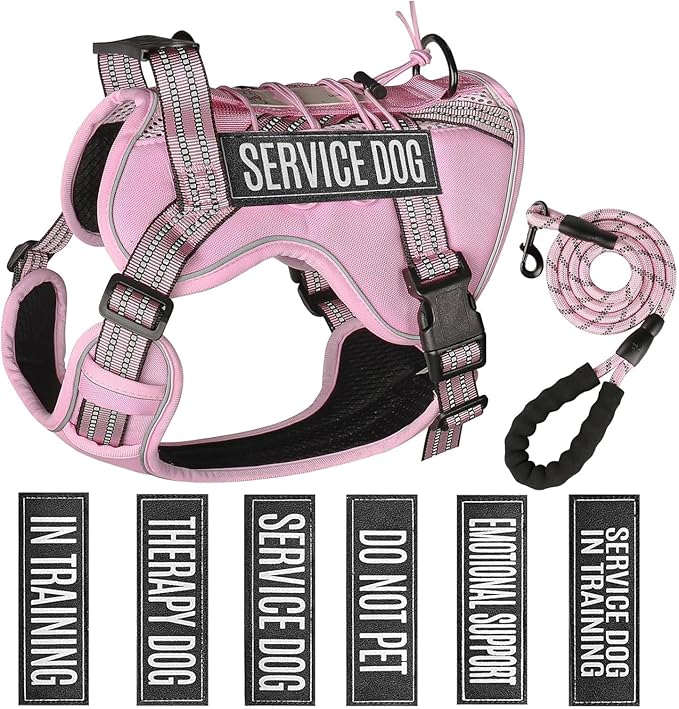 Service Dog Tactical Vest Harness and Leash Set Medium Sized Dog Emotional Support- Tactical Dog Harness Training Collar with Name (Pink, S)