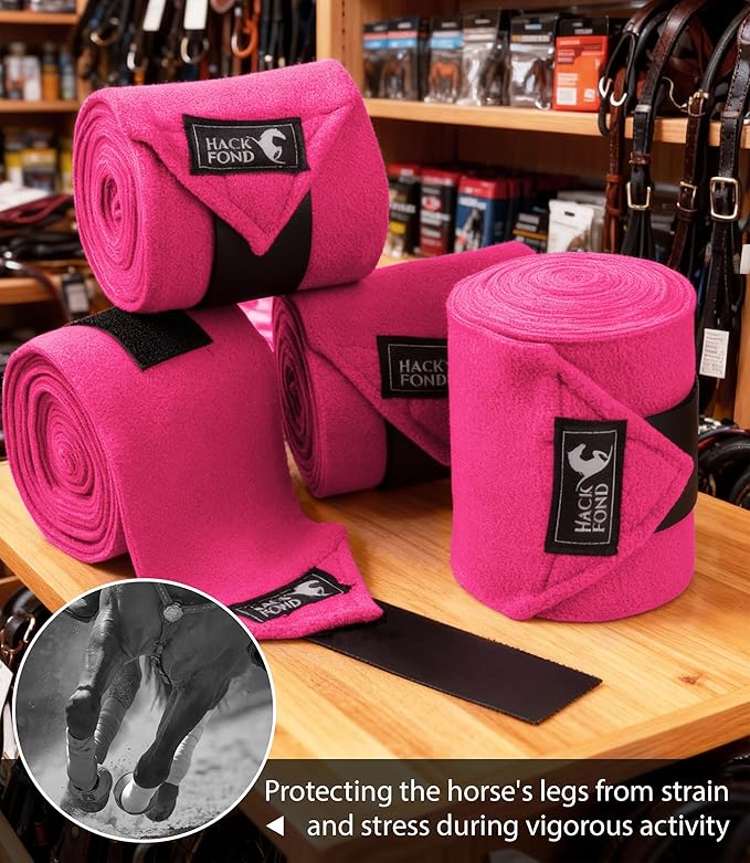 Fleece Horse Polo Leg Wraps Set of 4, 10' Horse Leg Bandages Stable Supplies Equestrian Boots Magenta