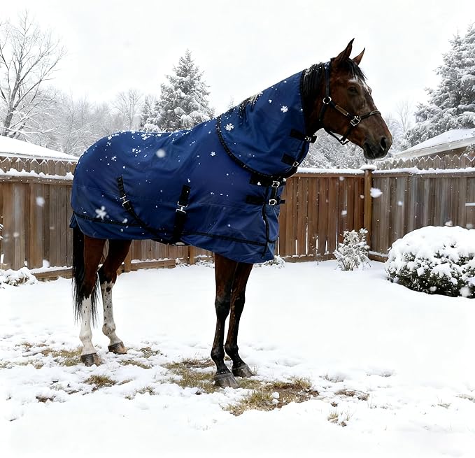 Horse Blankets Winter for Real Horses, 1600D Waterproof Poly Rain Sheets 79 Inch with Neck Cover Belly Wrap Tail Wrap Turnout Blanket, Horses Stuff Care Medium Large Weight Heavy Outdoor Clothes Blue