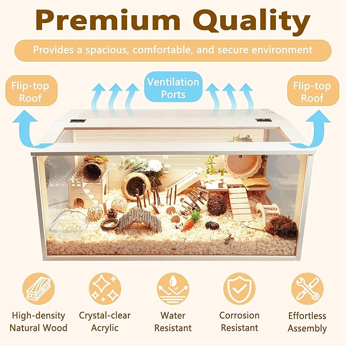 PROLEE Hamster Cage with Chewproof Wood Top, Guinea Pig Cages, Hamster Habitat with Clear Acrylic Sheets Solid Built, Small Animal Cage (Oak, 40X19.5X19.5 inch)