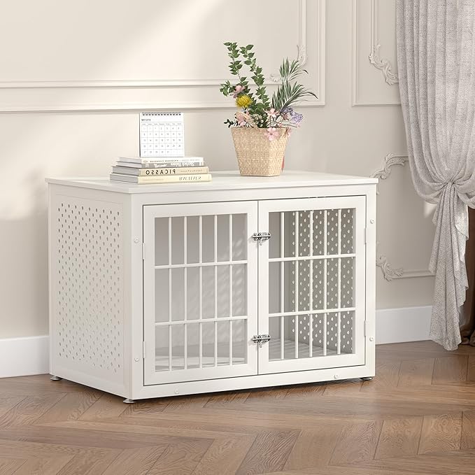 rehomerance 38" Heavy Duty Dog Crate Furniture for Large and Medium Dogs,Wooden Metal Kennel for High Anxiety Dogs, Chew Proof Pet Cage Indoor, Decorative Dog Kennel End Table, White
