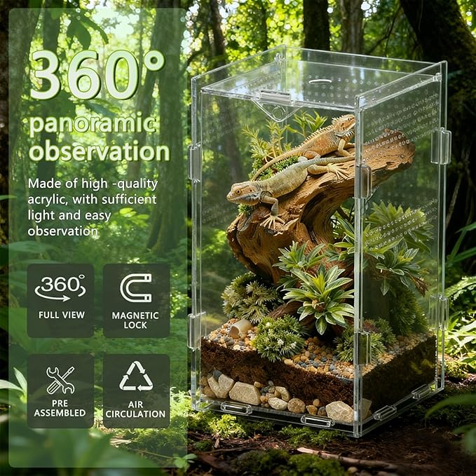 Jumping Spider Enclosure, Small Reptile Insect Terrarium, Spider Tank with Magnetic Door & All-Side Vent, Pre-Assembled Habitat for Spiderling, Mantis, Tarantula, Snail 7.8" * 4.7" * 4.7 (Vertical)