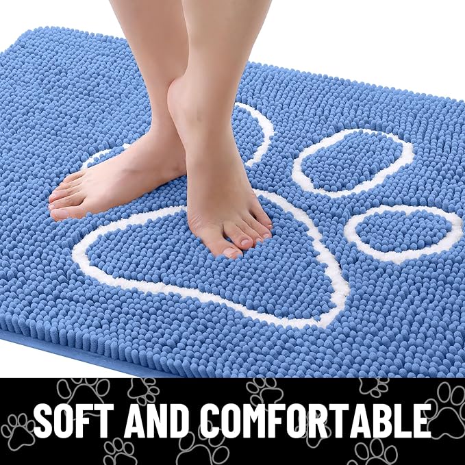 Smiry Dog Door Mat for Muddy Paws, Absorbent Dirt Trapper Non Slip Quick Dry Washable Chenille Mat for Mud Dogs, Entry Rug for Indoor and Outdoor (48x30 Inches, Cornflower Blue and White)