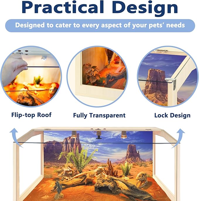 PROLEE Bearded Dragon Tank, Lizard Tank with Clear Tempered Glass Roof, Anti-Scratch Reptile Enclosure, Reptile Tank Built-in Light Fixtures with Switch (40X20X20inch,65 Gallons)