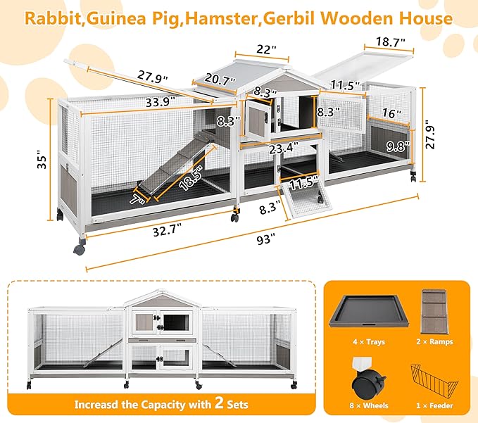 Gowoodhut 2 Story Rabbit Hutch Indoor & Outdoor Wooden Rabbit Cage 93" Bunny Cage with Dual Metal Run,8 Wheels,4 Leak-Proof Trays,Anti Chew Ramp,Small Pet House for 1-3 Rabbits,Guinea Pigs Hamster