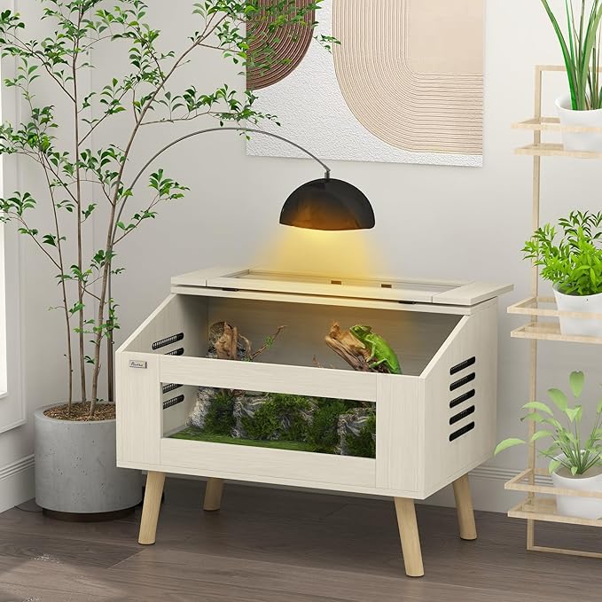 PawHut Reptile Terrarium 30 Gallon Top Opening Reptile Tank with Glass Windows Air Ventilations, Wooden Hamster Cage for Snakes Lizards Horned Frogs Chameleons Gerbils, 31.5" x 20" x 24"
