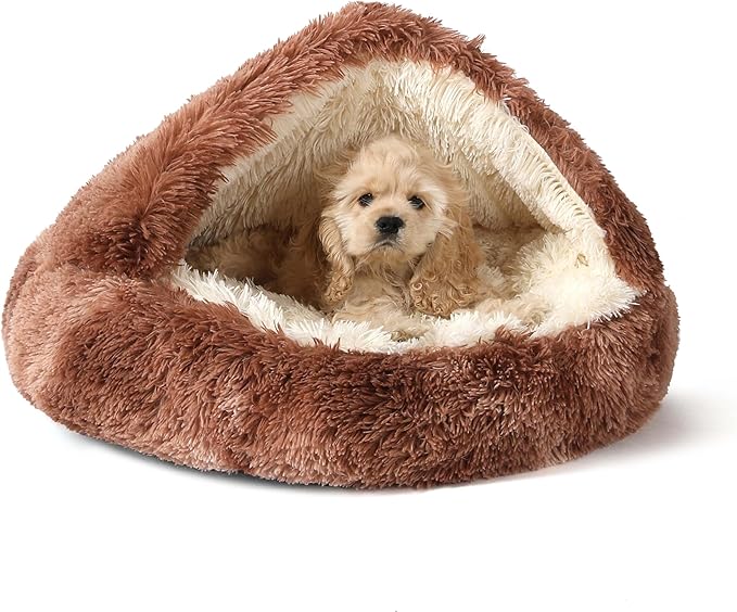 NOYAL Round Hooded Donut Dog Bed for Small & Medium Pets - Plush Fluffy Anti-Anxiety Cat Cave Bed with Cover