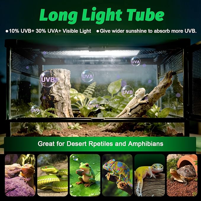 UVB Light for Reptiles Bearded Dragon, T8 UVB Reptile Light Fixture HO UVB Bulb Lighting Combo Kit 10.0 15W UVA UVB Reptile Light Bulb Terrarium Lamp Tube Bar for Snake Gecko Turtle Lizard, 18 Inch