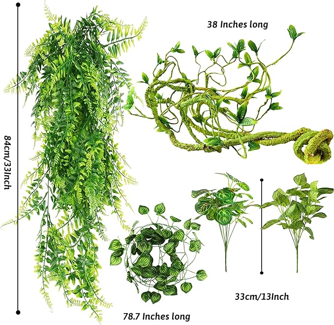 Reptile Plants for Terrarium Tank – Bearded Dragon Tank Accessories, Artificial Hanging Plant Vines, Habitat Decor & Hide for Crested Gecko, Lizard, Snake, Chameleon and Ball Pythons(Group B)
