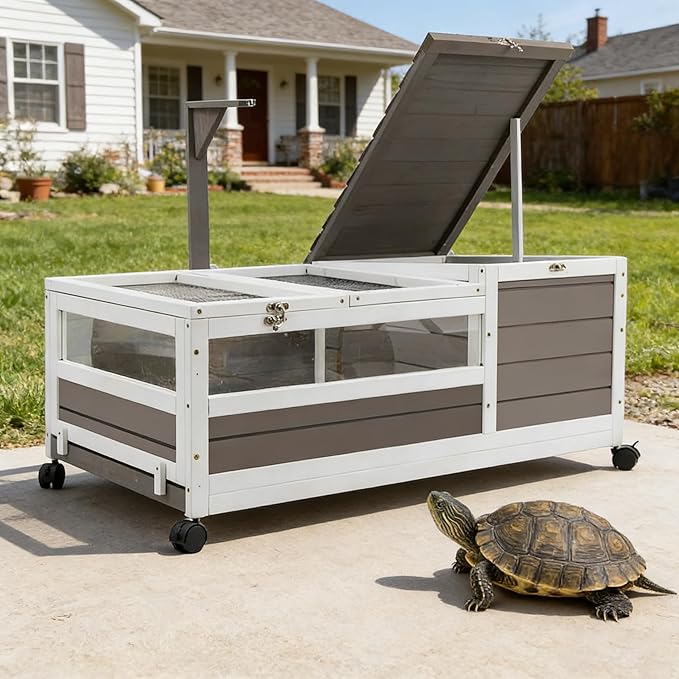 PetsCosset Tortoise Habitat Cage on Wheels with Lamp Stand & Pull-Out Waterproof Tray – Large Wooden Tortoise House, Indoor & Outdoor Reptile Enclosure 39" L x 23" W x 14" H Single Habitat