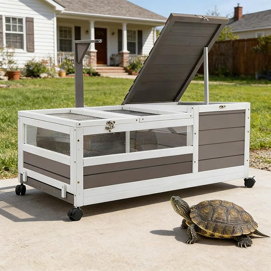 PetsCosset Tortoise Habitat Cage on Wheels with Lamp Stand & Pull-Out Waterproof Tray – Large Wooden Tortoise House, Indoor & Outdoor Reptile Enclosure 39" L x 23" W x 14" H Single Habitat