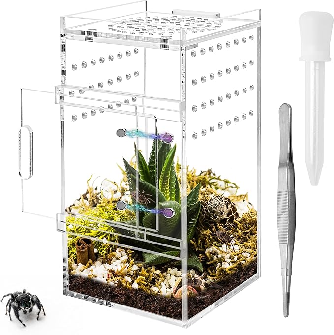 Jumping Spider Enclosure, 3x3x6 Inch Acrylic Terrarium with Magnet Opening Door & Tweezers, Suitable for Tarantula & Praying Mantis
