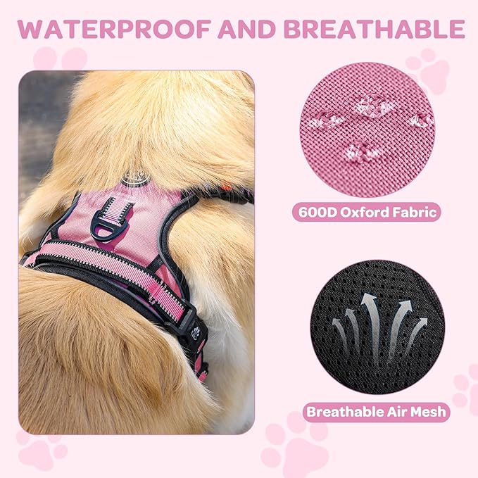 FURRYFECTION Plaid Dog Harness for Medium Dogs, Reflective No Pull Adjustable Pet Vest with Front Clip, Leash, Easy Control Handle and Seat Belt, Pink, M