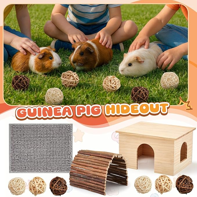 9 Pcs Wood House Guinea Pigs Hut Hideout with Rolling Chew Toys for Small Animals Accessories, Toys, and Supplies Guinea Pig Liner Washable Cage Liner Guineapig Habitat Cage Accessories