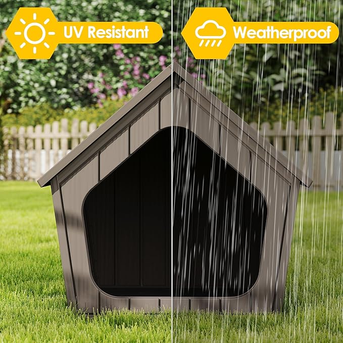 Fancyango Dog House Outdoor Indoor for Small Dogs - Plastic Pet Shelter, Easy-Assemble & Weather-Resistant for Living Room, Balcony (Classic Grey, 23.43" L×22.44" W×22.24" H)