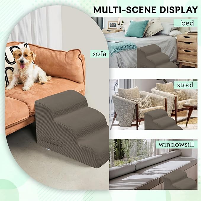 Mesa Lemon Dog Steps for Small Dogs, 3-Step Pet Ramp Stairs for High Beds and Sofa, Non-Slip Pet Stairs for Small Dogs and Cats, Removable and Easy to Clean Cover, Light Brown