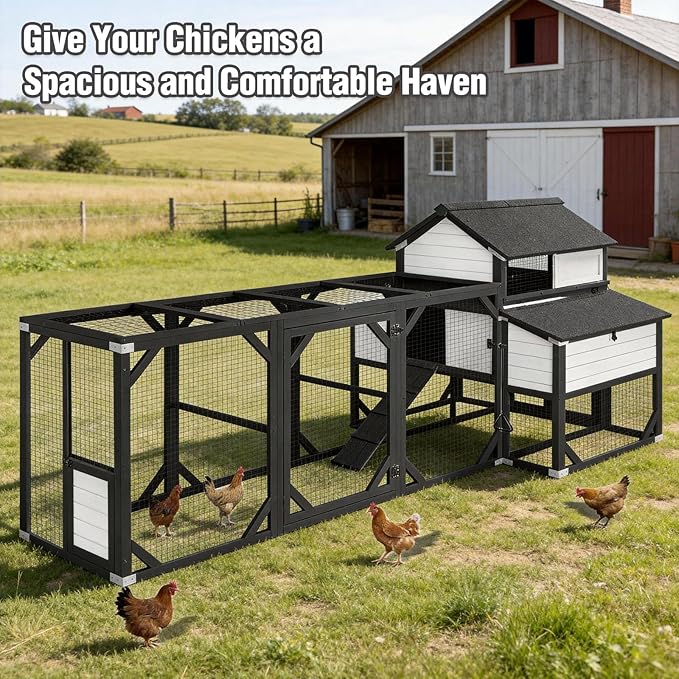 Large Chicken Coop with Run - Wooden Hen House with 6 Nesting Boxes and Removable Tray, 41.3ft² Poultry Pet Hutch Run Cage with Waterproof Asphalt Roof, fold Out House for 4-6 Chickens (White)