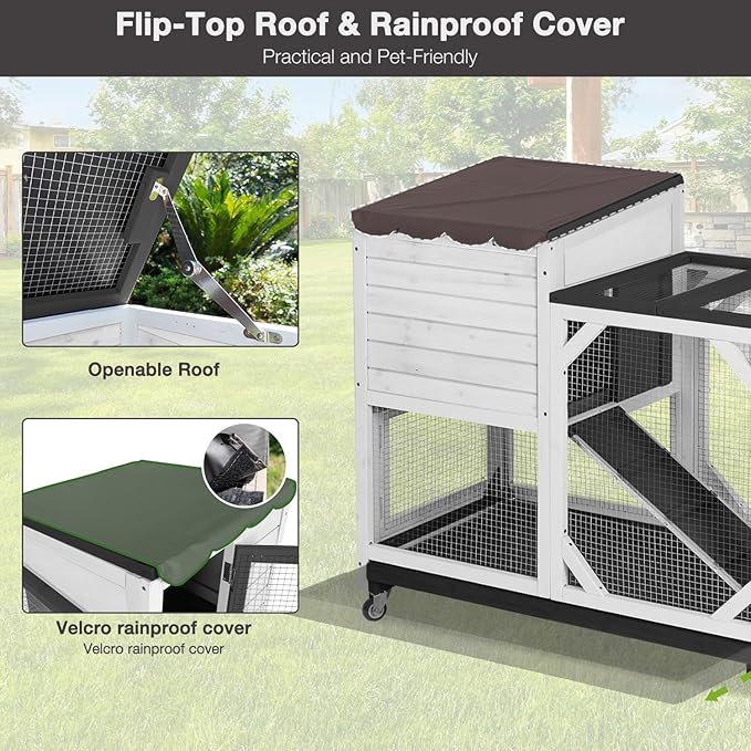 Large Rabbit Hutch Outdoor, 2-Tier Bunny Hutch with Wheels and Waterproof Roof, Wooden Guinea Pig Cage with Leak-Proof Pull-Out Trays, Multi-Door Bunny Cage for Small Animals-Black and White