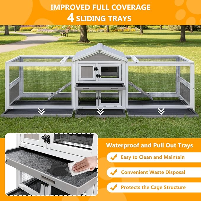 Gowoodhut 2 Story Rabbit Hutch Indoor & Outdoor Wooden Rabbit Cage 93" Bunny Cage with Dual Metal Run,8 Wheels,4 Leak-Proof Trays,Anti Chew Ramp,Small Pet House for 1-3 Rabbits,Guinea Pigs Hamster