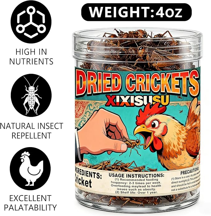 Dried Crickets - High Protein Insect Treat - Chickens, Wild Birds, Hedgehogs, Bluebirds, Reptiles, Sugar Gliders, Opossums, Skunks, Lizards, Bearded Dragons, Fish, Amphibians, Turtles (4 oz)