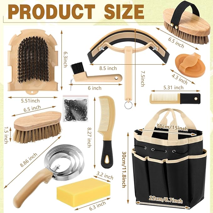 Abbylike 12 Pieces Horse Grooming Kit with Organizer Tote Bag Tack Room Supplies Horse Brush Sets Equine Care Cleaning Kit Shedding Grooming Massaging Tools (Khaki and Black)