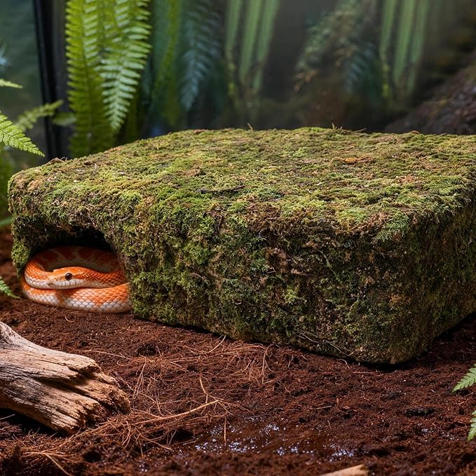 Mossy Cave Hide for Reptiles, Yellow Color Lizard Moss Hideout with Safe Shelter, Snake Cave Hut for Themed Terrarium Ideal for Gecko Hamster Snake to Rest & Hide
